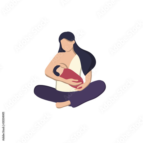 Flat vector illustration of a woman with a baby nursing. World breastfeeding week , feeding of babies with milk from a females breast. Happy mothers day.
