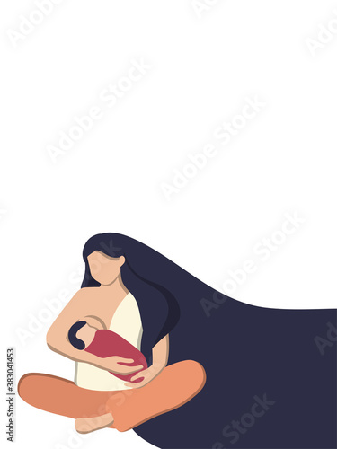 Flat vector illustration of a woman with a baby nursing. World breastfeeding week , feeding of babies with milk from a females breast. Happy mothers day.