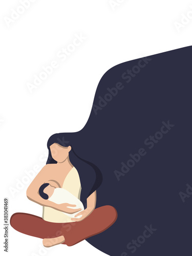 Flat vector illustration of a woman with a baby nursing. World breastfeeding week , feeding of babies with milk from a females breast. Happy mothers day.