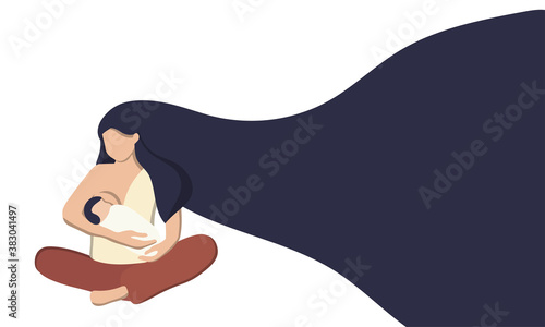 Flat vector illustration of a woman with a baby nursing. World breastfeeding week , feeding of babies with milk from a females breast. Happy mothers day.