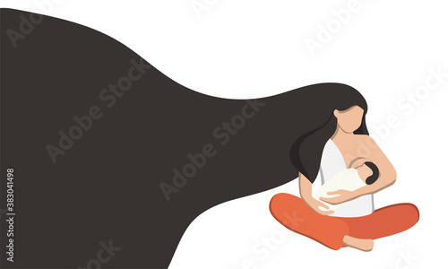 Flat vector illustration of a woman with a baby nursing. World breastfeeding week , feeding of babies with milk from a females breast. Happy mothers day.