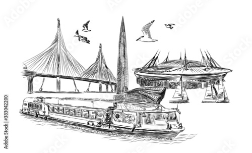 Painted boat motor ship in the Gulf of Finland against the background of the Lakhta Center, Zenit Arena and the cable-stayed bridge of the WHSD Western high-speed diameter