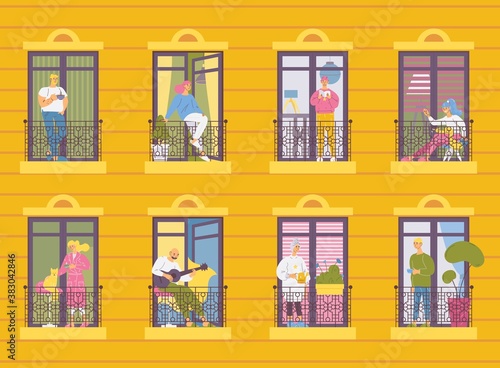 Vector neighbours smiling, nursing and playing guitar and with cats. French balcony, various young people outdoors at summer weather. Big city, youth house or student hostel dormitory illustration