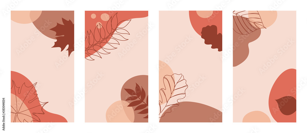 Four vertical backgrounds with autumn leaves in a hand drawn linear style on colorful abstract background.