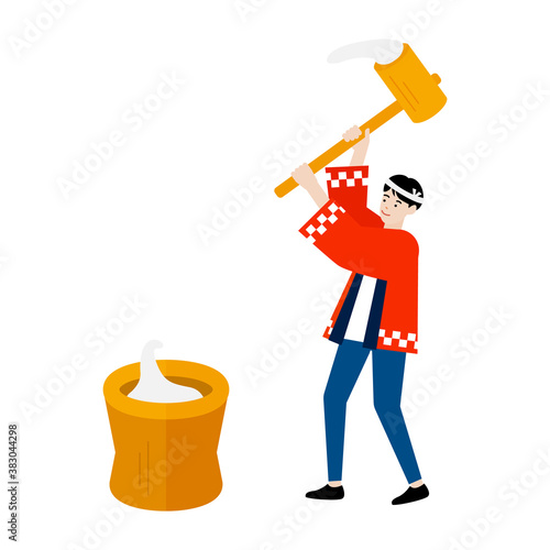 man pounding rice cake in a mortar with a mallet
