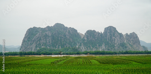 Boat tour through green lush mountain landscapes on a overcast day in Ninh Binh  Vietnam.