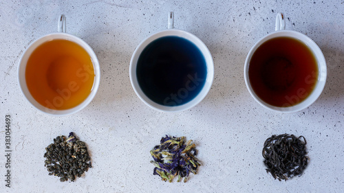 three types of tea: black, green and Thai tea