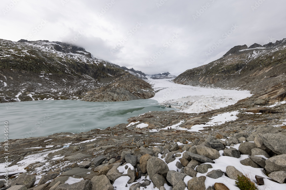 Rhone glacier with large view on lake