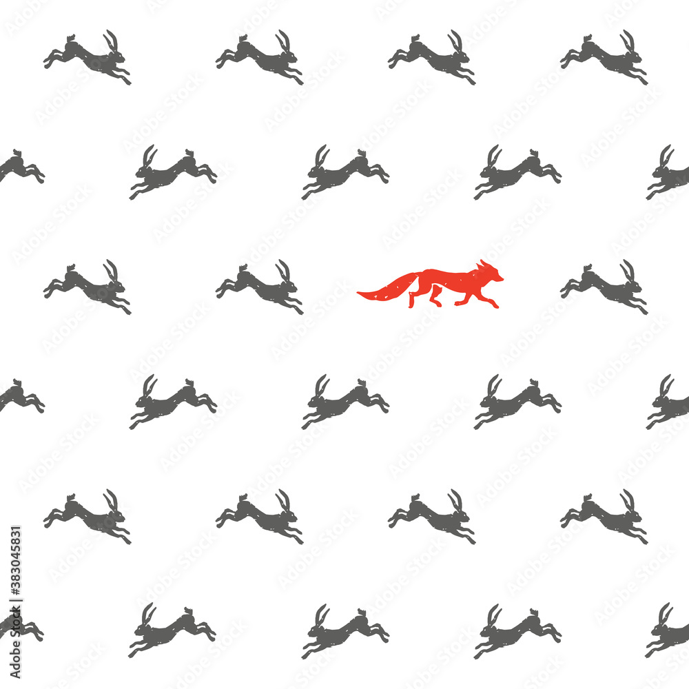 Fox and hares seamless pattern.
