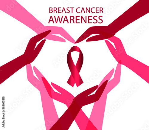Breast cancer awareness background with joined women hands in heart shaped form and pink ribbon, vector illustration