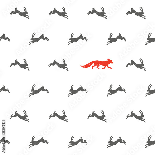 Fox and hares seamless pattern.