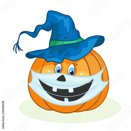 Big funny pumpkin in a witch hat and in a medical mask. Coronavirus epidemic concept. Symbol of Halloween isolated on white background. In cartoon style. Vector illustration.