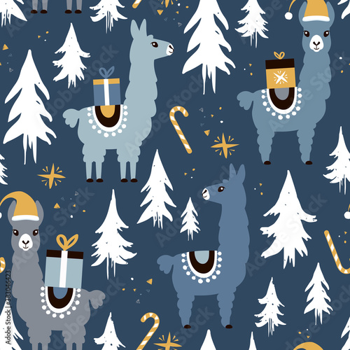 Christmas Llamas Seamless Pattern