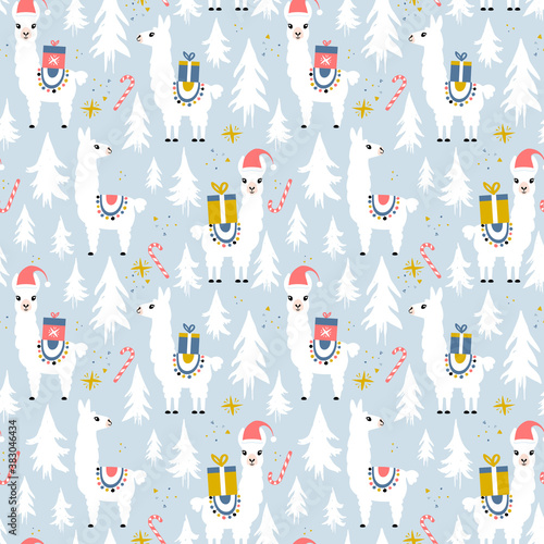 Christmas Llamas Seamless Pattern