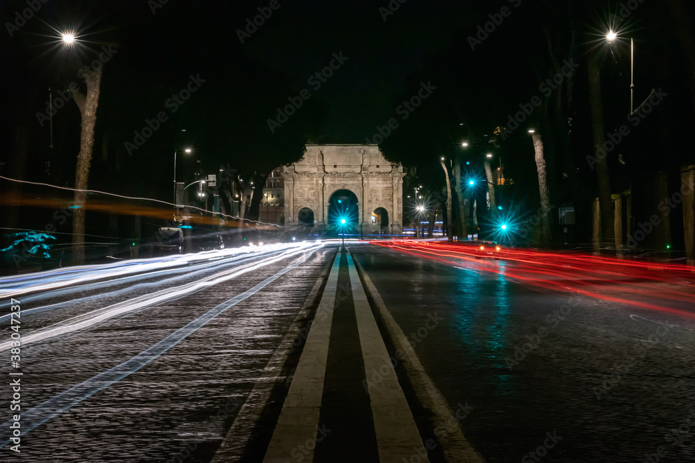 The Arch of Constantine in Rome, Italy, taken in a night scene with long exposure.