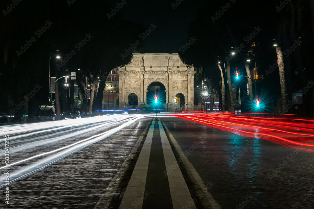 The Arch of Constantine in Rome, Italy, taken in a night scene with long exposure.