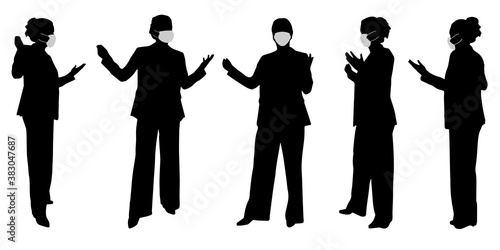 Vector concept conceptual  silhouette women working while social distancing as means of prevention and protection against coronavirus contamination. A metaphor for the new normal.