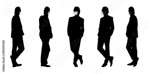 Vector concept conceptual  silhouette men talking while social distancing as means of prevention and protection against coronavirus contamination. A metaphor for the new normal.