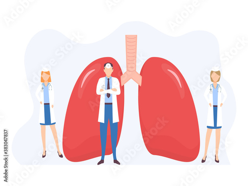 Human color lungs shape in flat style vector illustration isolated on white background. Medical poster with human organ and doctors.