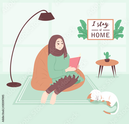 Stay home background. Quarantine or self-isolation. Arab girl in hijab with book. Health care concept