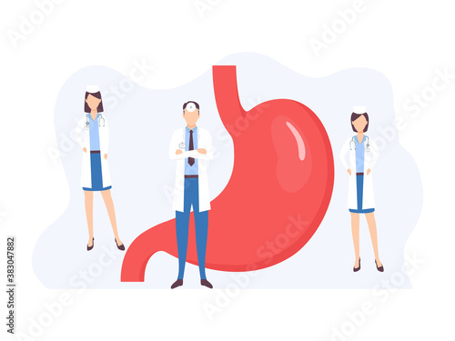 Human color stomach shape in flat style vector illustration isolated on white background. Medical poster with human organ and doctors.