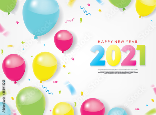 Colorful 2021 Happy New Year Greeting with Balloons and Scattered Conffetis. Vector Illustration. Design element for flyers, leaflets, postcards and posters. photo