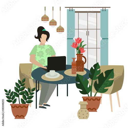 Vector illustration. Girl at home working on a laptop. Freelance. Modern interior. Blank for a banner or postcard. The girl is drinking tea or coffee. Cartoon character.