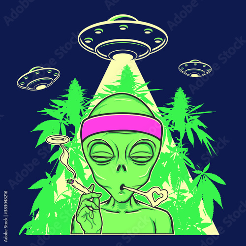 Alien smoking marijuana wearing headband 
