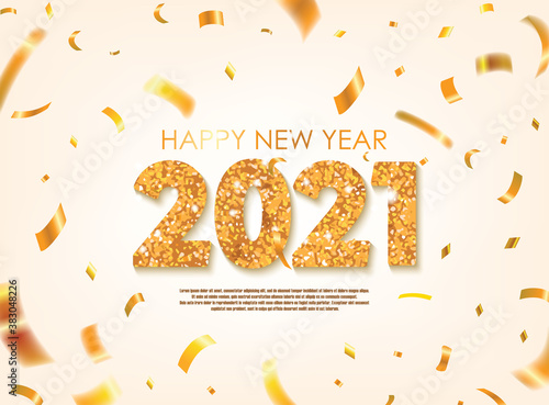 Gold 2021 Happy New Year Greeting with Scattered Gold Conffetis. Vector Illustration. Design element for flyers, leaflets, postcards and posters.
