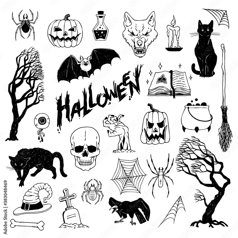 Set for Halloween holiday. Vector black white sketch illustrations of ...