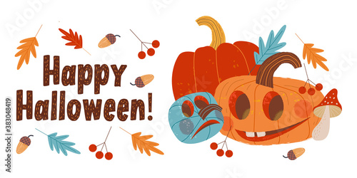 Happy Halloween. Vector holiday illustration with scary pumpkins.