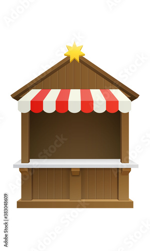 traditional winter Christmas fair market wooden booth gift shop isolated on white background. 3d realistic vector illustration