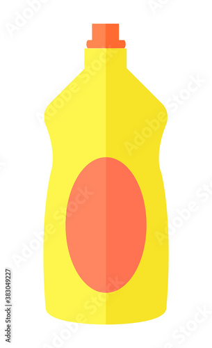 Cartoon curly yellow plastic bottle with a red dispenser. Dishwashing liquid with a red oval label. Clean at home, wash dishes, cleaning agent. Flat vector illustration isolated on white background