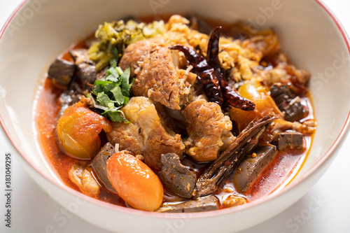 Nam Ngiao Rice Noodle, Traditional spicy rice noodle soup with Spicy Pork Sauce from Northern of Thailand