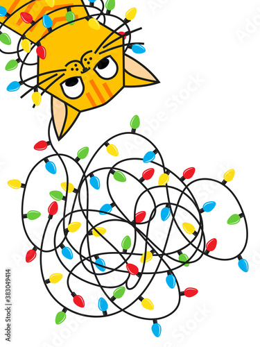 Cat tangled christmas lights. Greeting card design