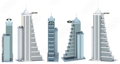 5 renders of fictional design houses with helipad on roof with blue cloudy sky reflection - isolated on white, side view 3d illustration of skyscrapers