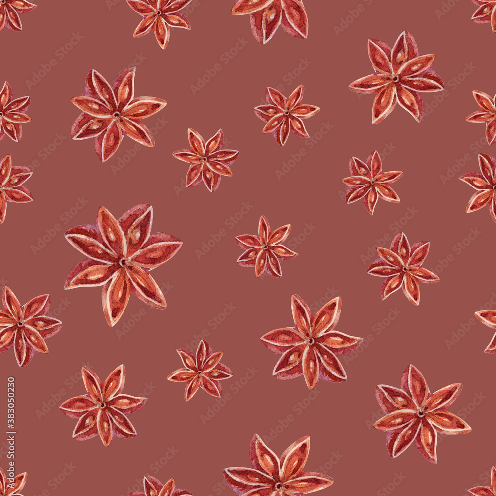 watercolor seamless pattern cinnamon stick, star anise watercolor seamless pattern cinnamon stick, star anise