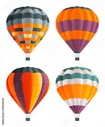 Set of colorful balloon for flights. Hot aircraft. Flying in the clouds on bright airship. Cartoon airy flying hot air machines. Varicoloured stripes aerostats. Balloons festival. Flat image