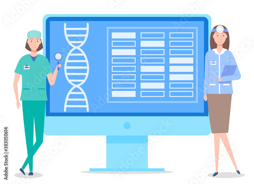 Concept of web page of medical website. Dna spiral and text block at site. Medical staff standing near computer. Doctor with magnifying glass and otolaryngologist with reflector on head and clipboard
