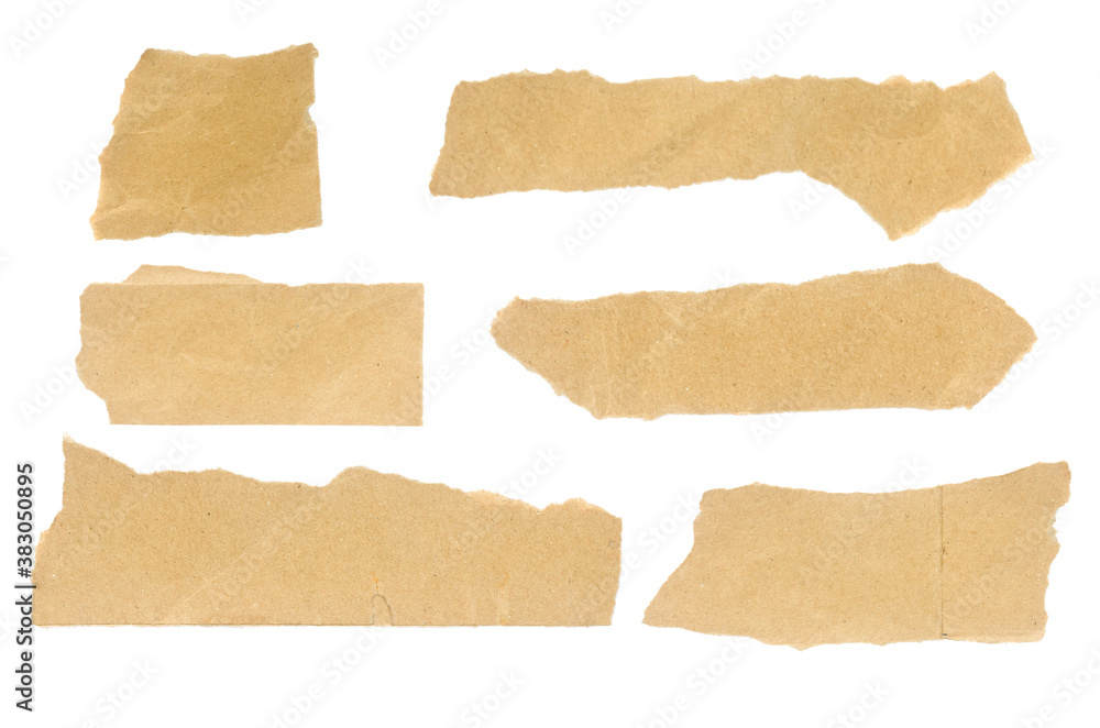Recycled paper craft stick on a white background. Brown paper torn or ripped pieces of paper isolated on white background with clipping path. Recycled paper craft stick on a white background. Brown paper torn or ripped pieces of paper isolated on white background with clipping path.