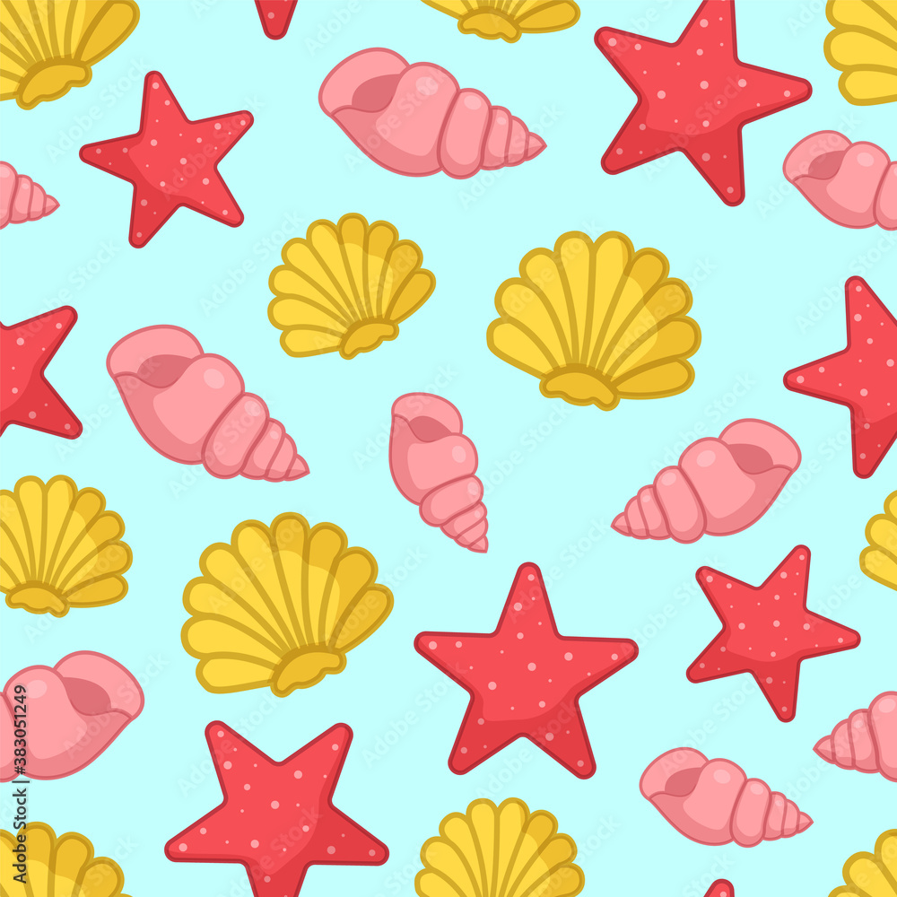 Seamless pattern with aquatic nautical shellfish, coral star, starfish, shell, mollusk, sea or ocean design, symbols, cool design for wrapping, packaging, wrapper, print, tropical concept, marine life Seamless pattern with aquatic nautical shellfish, coral star, starfish, shell, mollusk, sea or ocean design, symbols, cool design for wrapping, packaging, wrapper, print, tropical concept, marine life