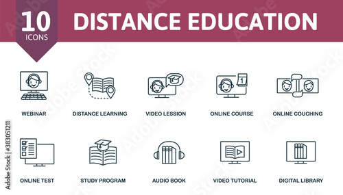 Distance Education icon set. Collection contain distance learning, webinar, online coaching, video lesson and over icons. Distance Education elements set.