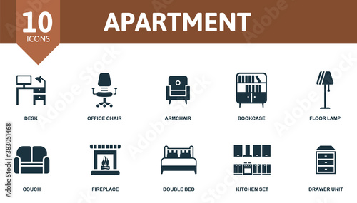 Apartment icon set. Collection contain desk, office chair, armchair, bookcase and over icons. Apartment elements set.