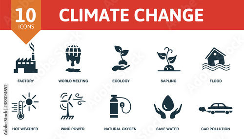 Climate Change icon set. Collection contain sapling, ecology, world melting, flood and over icons. Climate Change elements set
