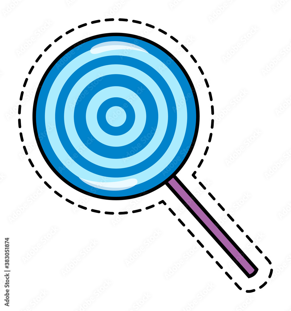 Lollipop sticker or label with dotted frame around, sweet dessert at stick, blue patch, cut out candy, childish concept, confectionery, caramel, snack for children, colorful simple cartoon icon Lollipop sticker or label with dotted frame around, sweet dessert at stick, blue patch, cut out candy, childish concept, confectionery, caramel, snack for children, colorful simple cartoon icon