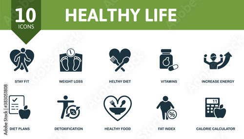 Healthy Lifes icon set. Collection contain vitamins, weight loss, increase energy, healthy diet and over icons. Healthy Lifes elements set