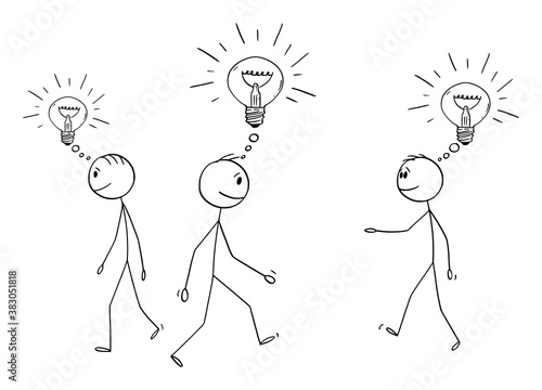 Vector cartoon stick figure drawing conceptual illustration of group or crowd of men or businessmen walking with idea, innovation or solution represented as shining light bulb.