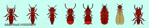 Set of termite cartoon icon design template with various models. vector illustration isolated on blue background