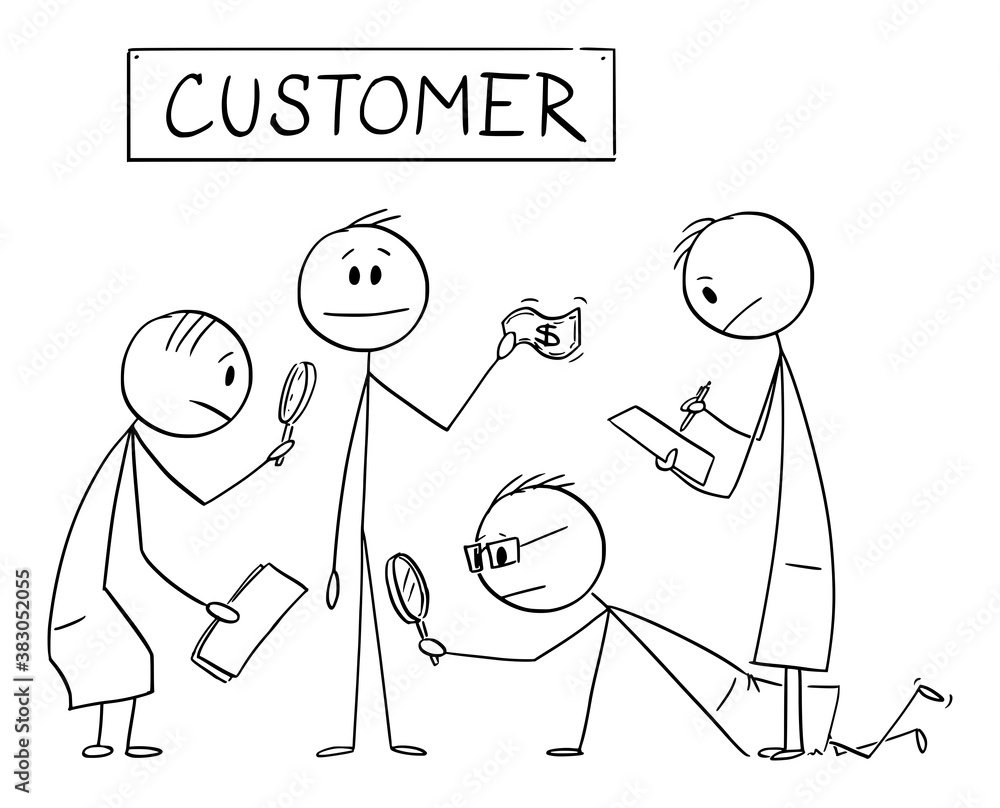 Vector cartoon stick figure drawing conceptual illustration of businessmen scientists analyzing needs of customer or client bringing money to business. Marketing,profit,finance,marketing. Vector cartoon stick figure drawing conceptual illustration of businessmen scientists analyzing needs of customer or client bringing money to business. Marketing,profit,finance,marketing.