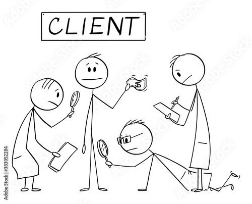 Vector cartoon stick figure drawing conceptual illustration of businessmen scientists analyzing needs of customer or client bringing money to business. Marketing,profit,finance,marketing.